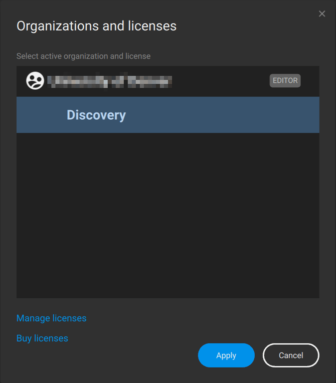Organizations and licenses panel