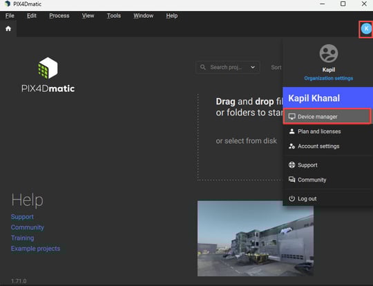 How to access the Device Manager in PIX4Dmatic
