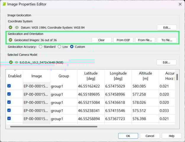 Image Properties Editor window Geolocation and Orientation section in PIX4Dmapper