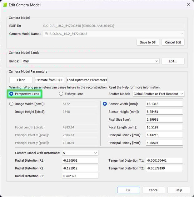 PIX4Dmapper perspective lens camera model