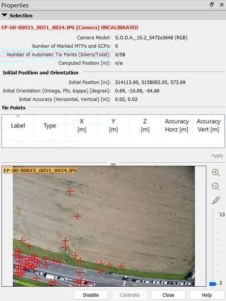 Camera information of uncalibrated camera PIX4Dmapper