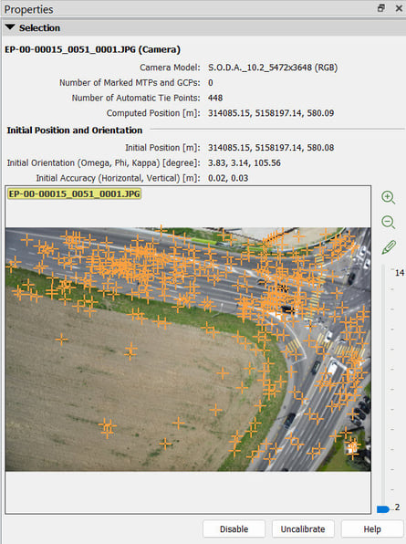 Camera information of calibrated camera PIX4Dmapper