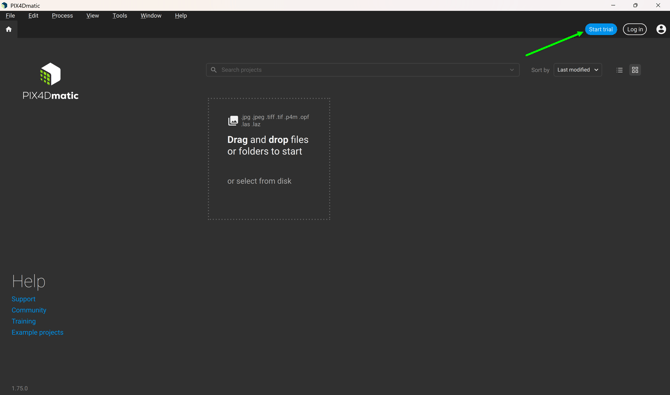 Start trial on the home screen of PIX4Dmatic