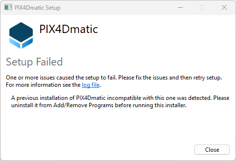 PIX4Dmatic Setup Failed