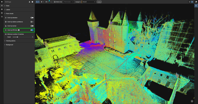 PIX4DmaticでGPS時刻に基づいて色分けされた点群