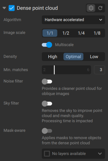 Dense point cloud settings in PIX4Dmatic