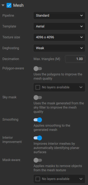 Mesh processing settings in PIX4Dmatic