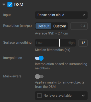 DSM processing settings in PIX4Dmatic