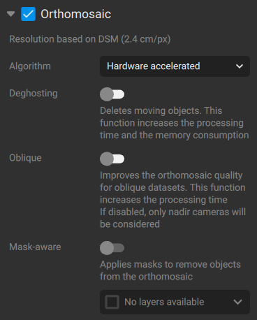 Orthomosaic processing settings