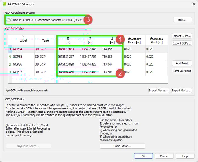 GCP/MTP Manager window in PIX4Dmapper