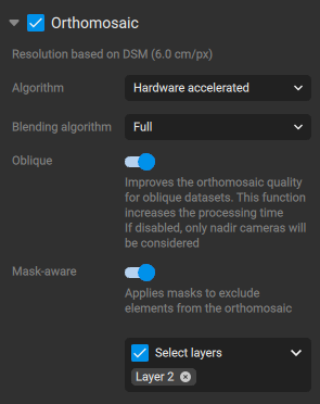 Orthomosaic setting in PIX4Dmatic