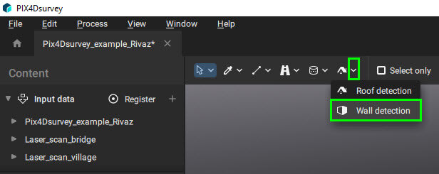 PIX4Dsurvey wall detection tool in the interface