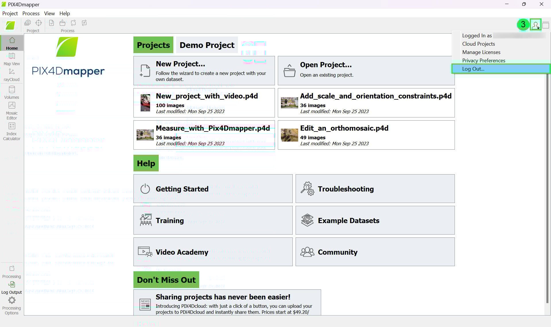 How to log out of PIX4Dmapper