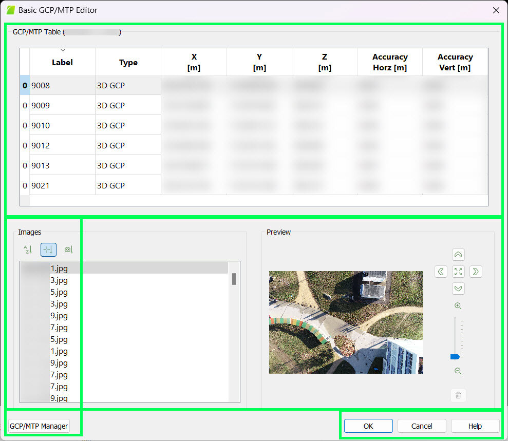 Basic GCP MTP Editor sections in PIX4Dmapper