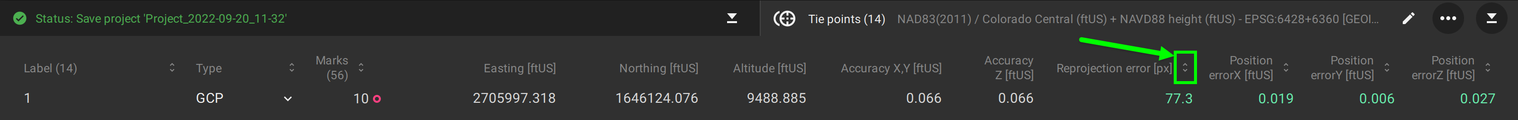 PIX4Dmatic sort reprojection error
