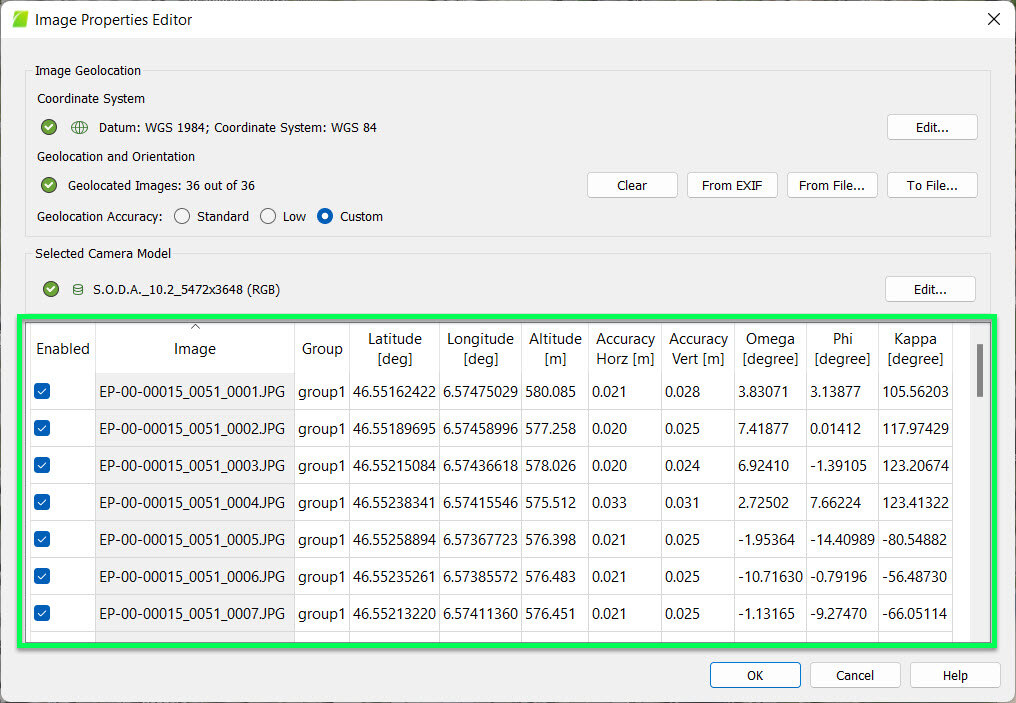 PIX4Dmapper image properties editor table