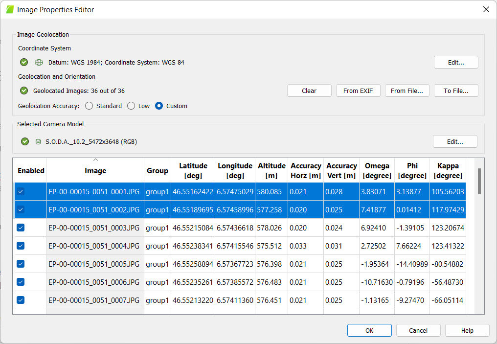 PIX4Dmapper image table select multiple images
