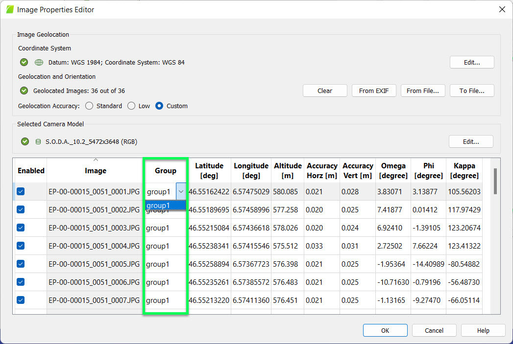 PIX4Dmapper image table select a group