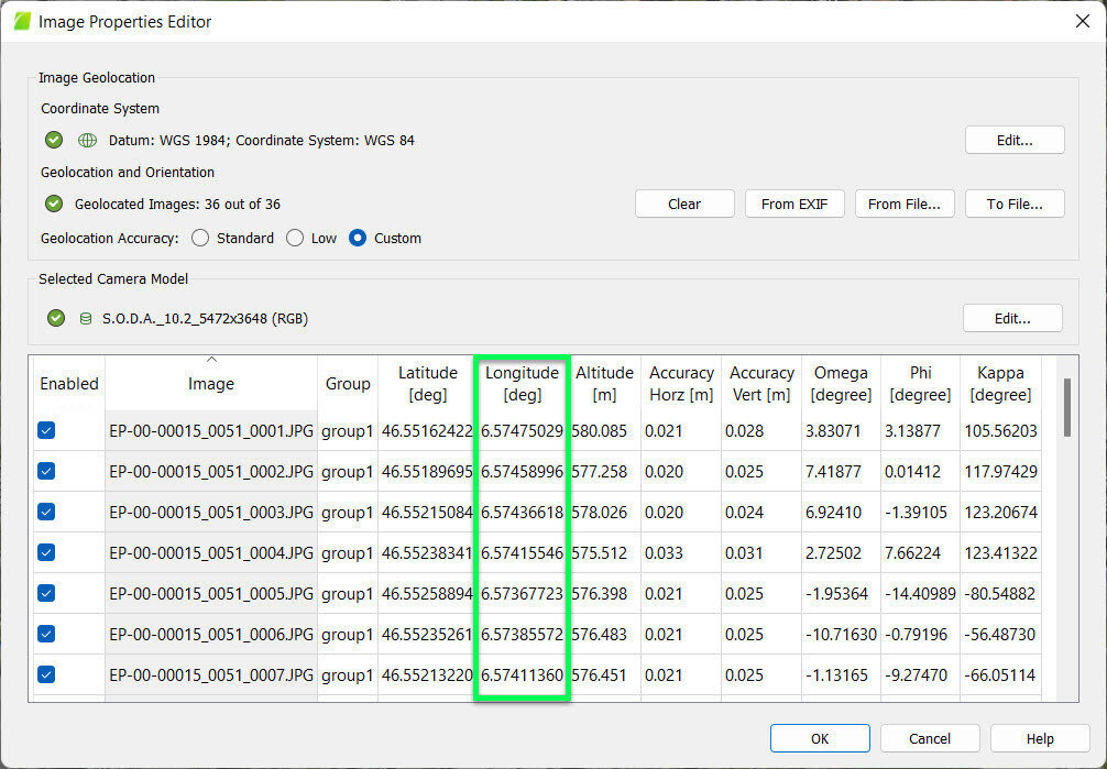 PIX4Dmapper image table second coordinate