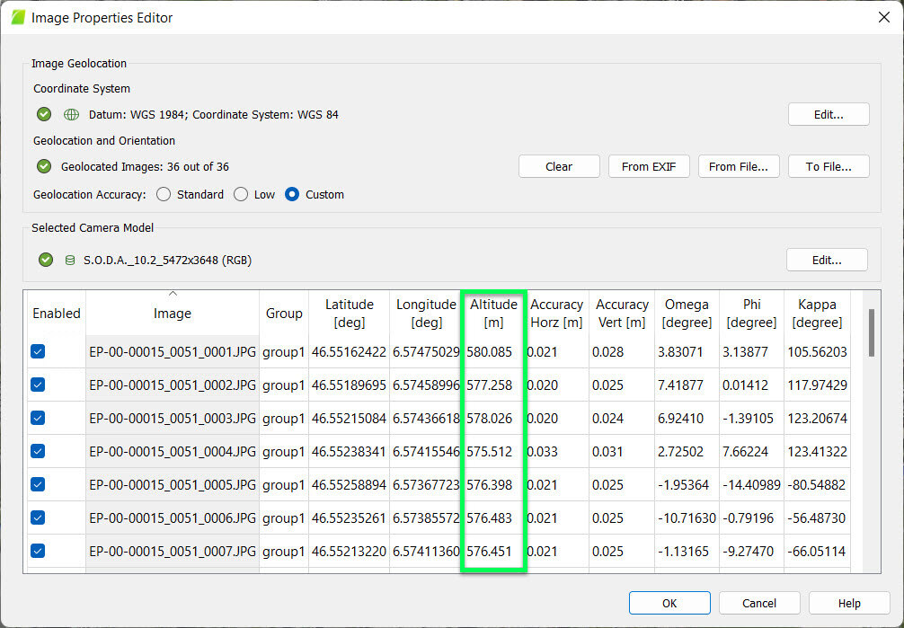 PIX4Dmapper image table third coordinate