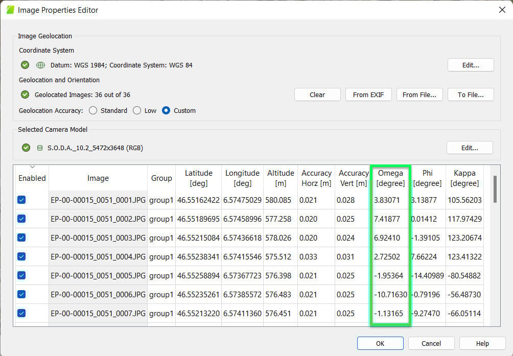 PIX4Dmapper image table Omega
