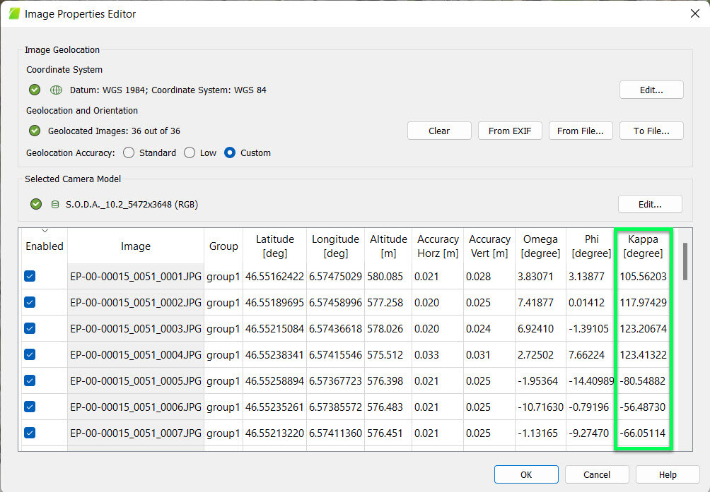 PIX4Dmapper image table Kappa