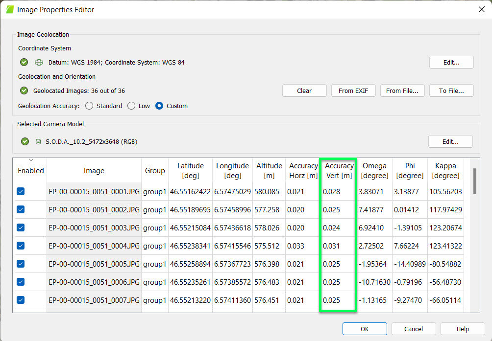 PIX4Dmapper image table vertical accuracy