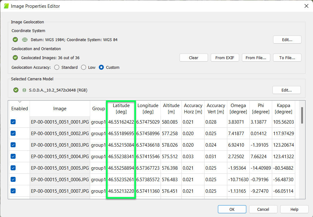 PIX4Dmapper image table first coordinate