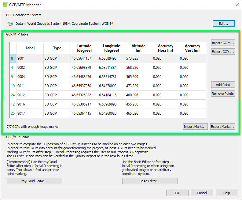 PIX4Dmapper GCP MTP Table