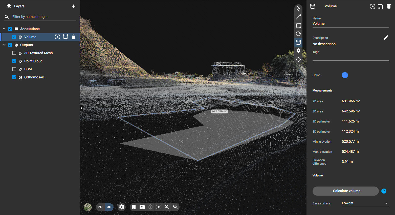 Base surface review in the 3D view of PIX4Dcloud
